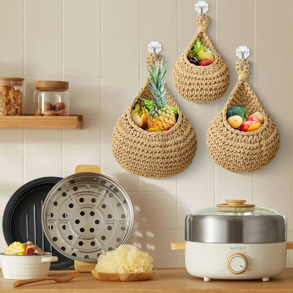 1pcs Handwoven Hanging Basket Wall Vegetable Fruit Organizer Container Decor for Kitchen Garden Mount Wall Plant Flower Onion
